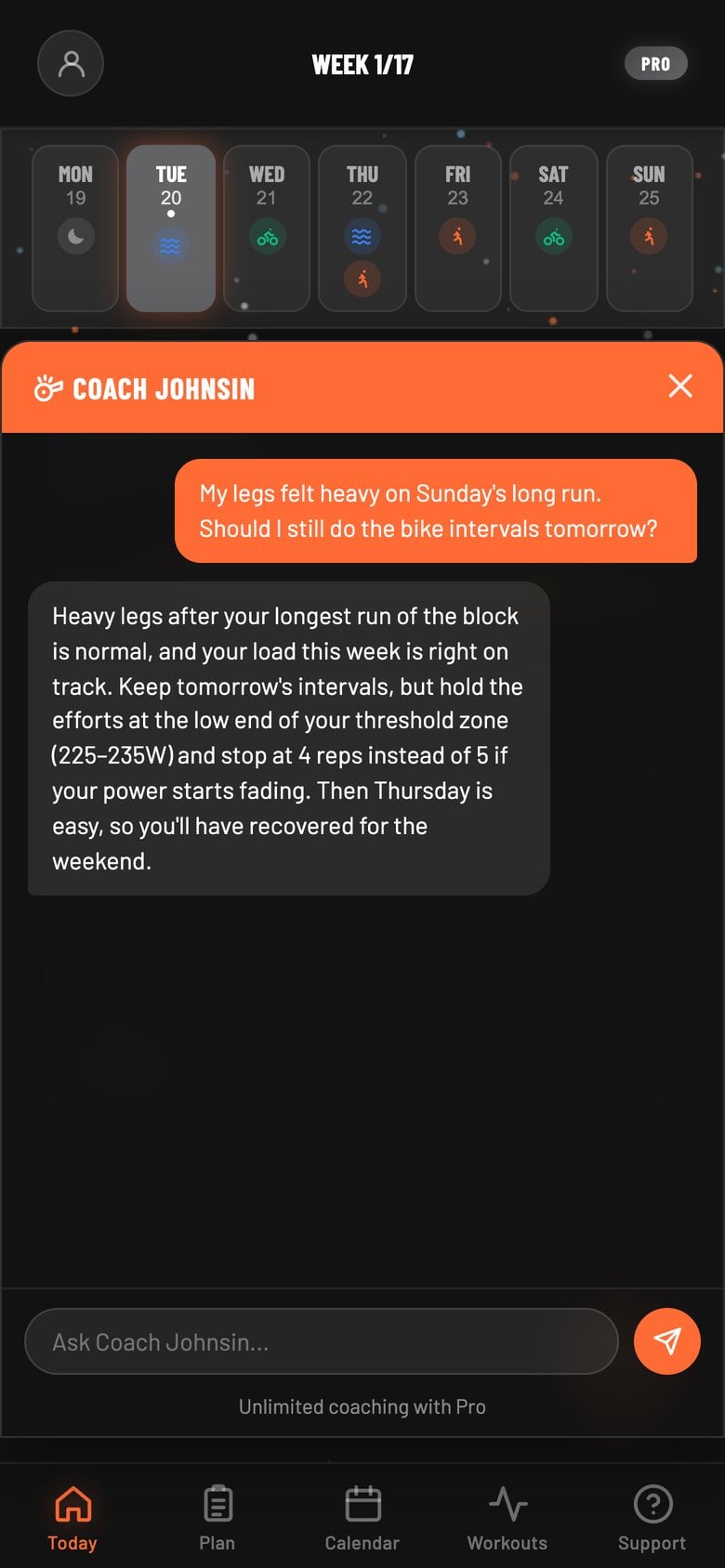 The coach chat: an athlete asks whether to do bike intervals after a heavy long run, and the coach suggests holding the low end of threshold and cutting a rep if power fades