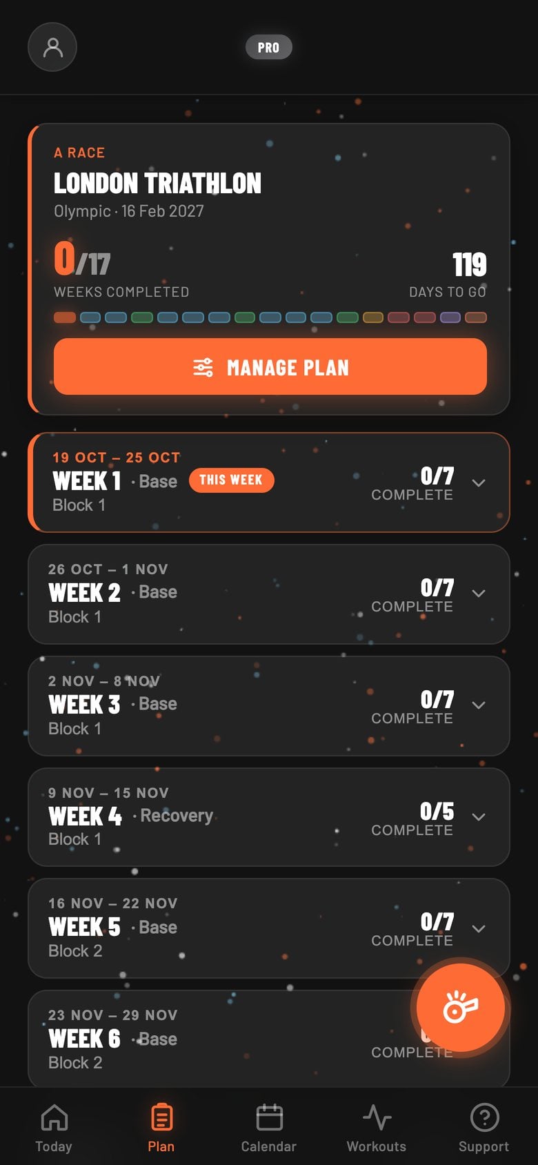 The Plan screen: race countdown for London Triathlon and the weeks of the plan, each with its phase and sessions completed