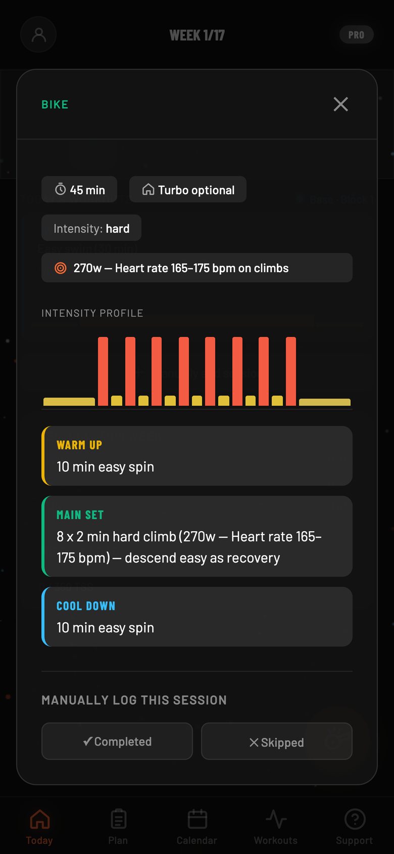 A hill-climb bike session: 45 minutes, 8 by 2-minute climbs at 270 watts, with an intensity chart and warm-up, main set and cool-down